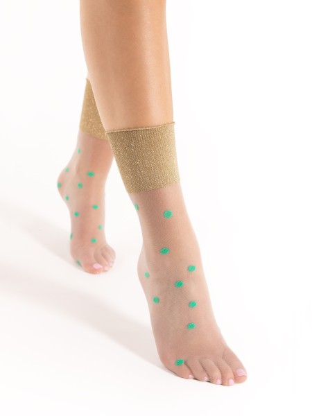 Transparente Söckchen mit mintgrünem Punktmuster und Bündchen mit Lurex-Effekt von Fiore